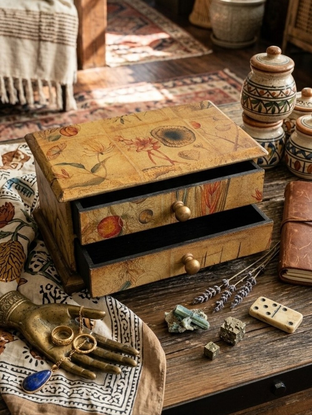 VTG Style Botanical Fruit Jewelry Box Mini Chest 2-Drawer Cottagecore